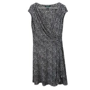 Ralph Lauren Black White Sleeveless Swing Flare Faux Wrap Stretch Dress Size 14